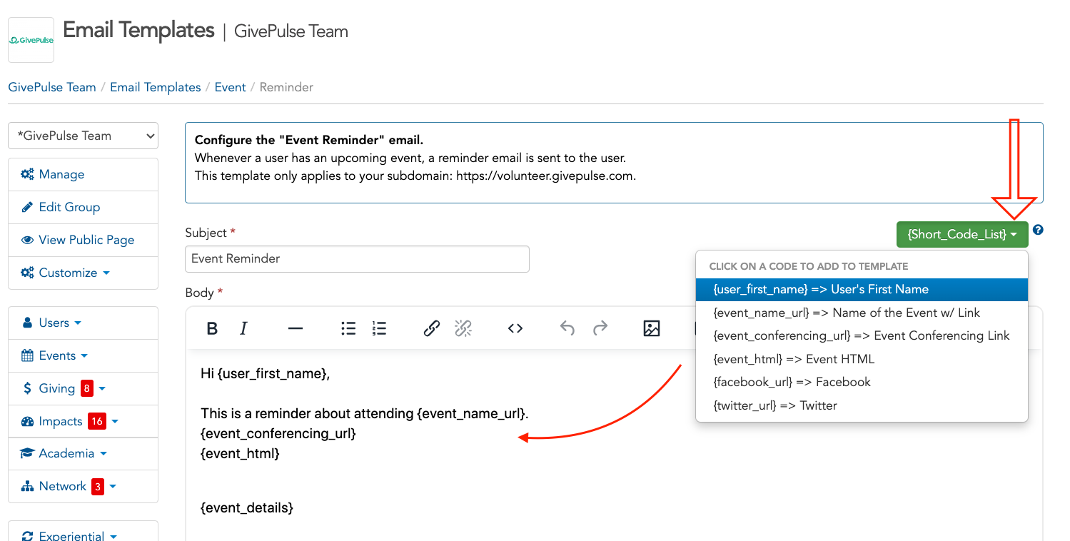 Email Templates Shortcode s For Notification Messages GivePulse