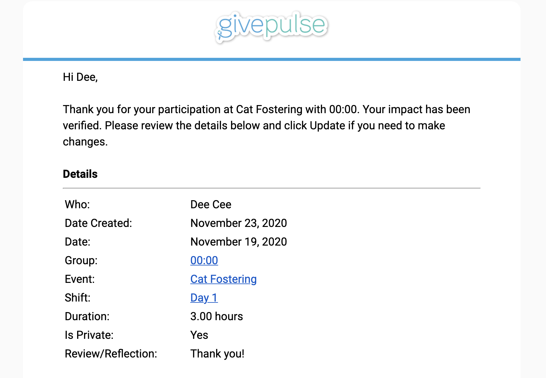 No action button is provided, simply a summary of the details of the impact.
