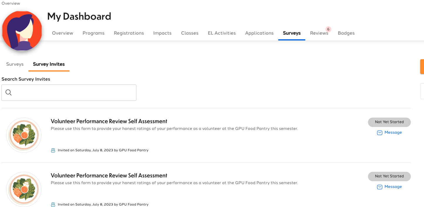 Access your Survey Invitations through the User Dashboard