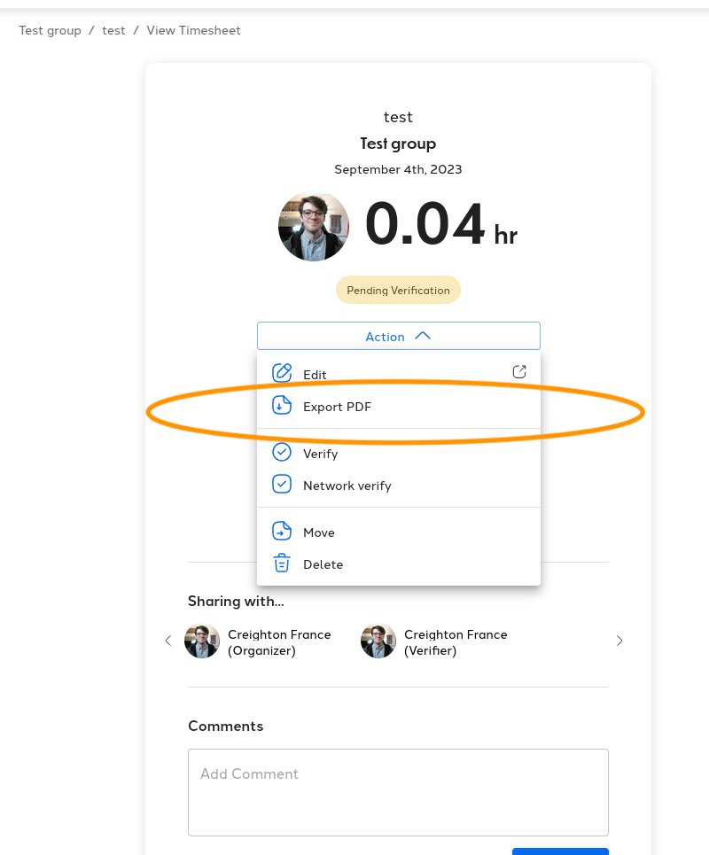 Timesheet export and certificate download.