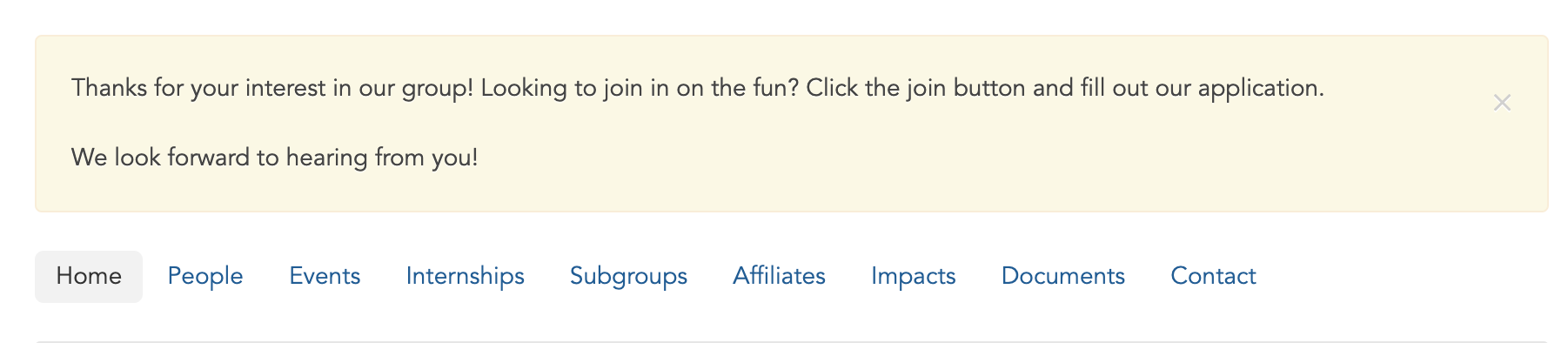 greeting message for GivePulse group displayed in the classic view