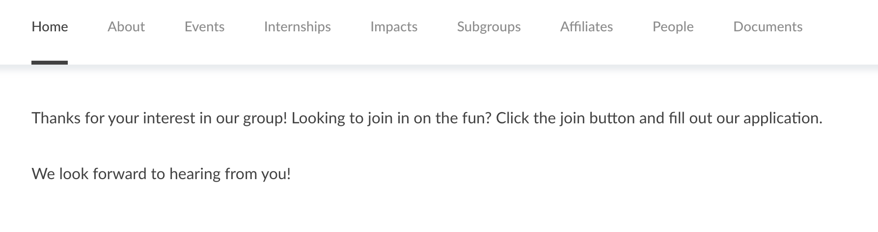 greeting message for GivePulse group displayed in the new view