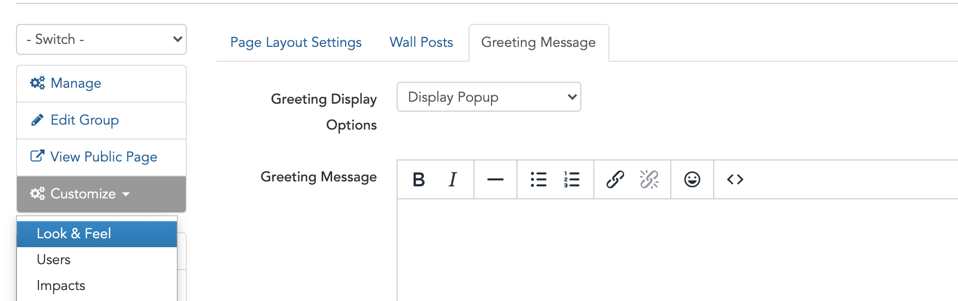 custom group setting that displays message for user when they first visit GivePulse group page