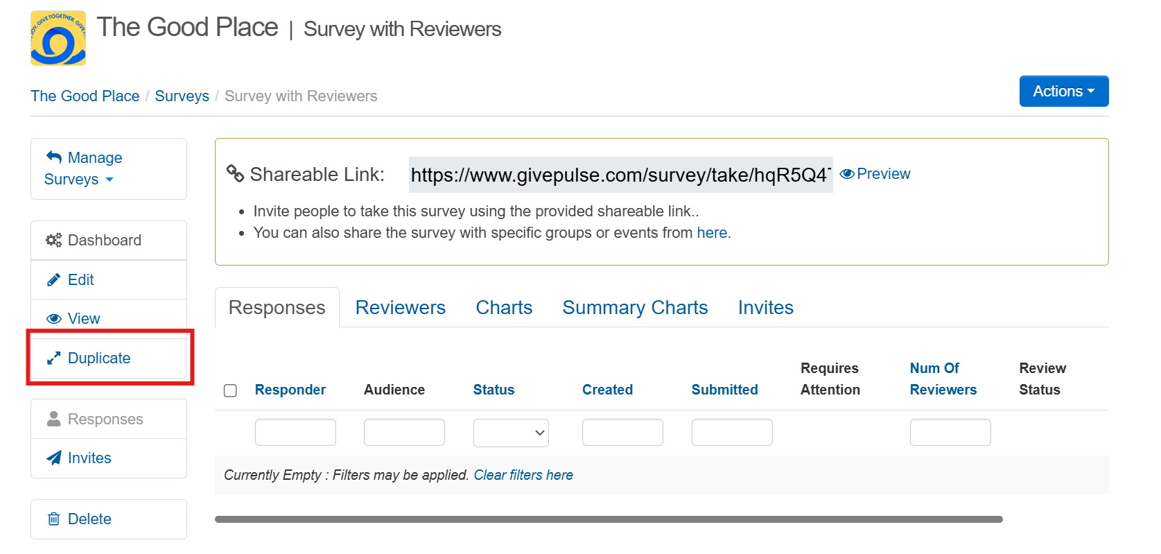 Alt text: The image shows the survey management panel with a red box highlighting the Duplicate button located in the left-hand navigation menu. The red box draws attention to the button that administrators can select to duplicate the survey.