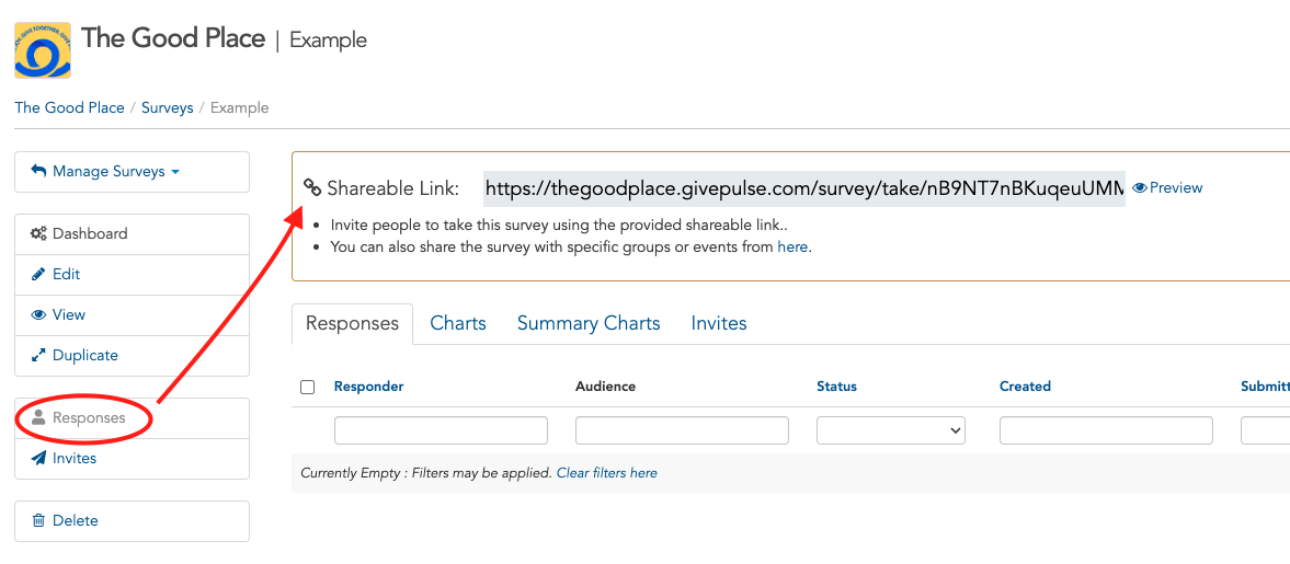 The image shows where the survey's shareable link can be found within the Survey Admin Panel.  On the left side of the page, the Responses tab is highlighted with a red circle. An arrow points from the Responses tab to the survey's shareable link, indicating that admins should navigate to the Responses tab to access survey responses and locate the shareable link.  To share the survey, hover over the link and click to automatically copy it. Admins can also select the Preview button located next to the link to view the survey as it will appear to end users.