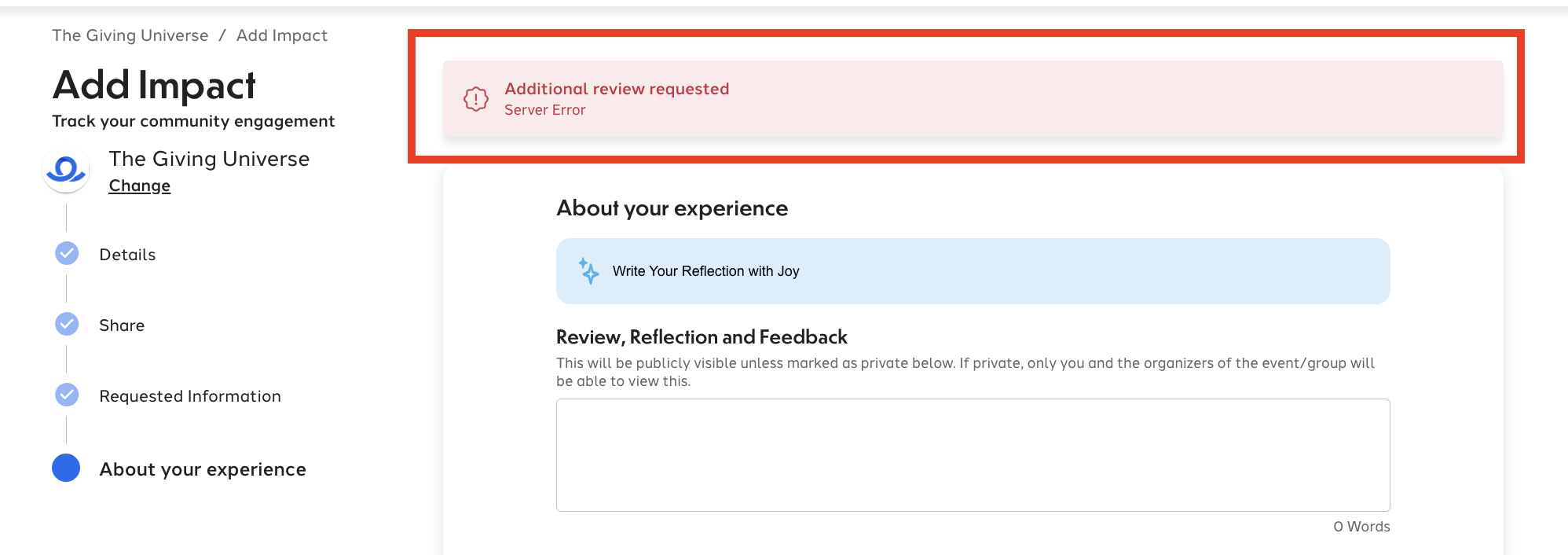 Error will read " "Additional review requested, Server Error""