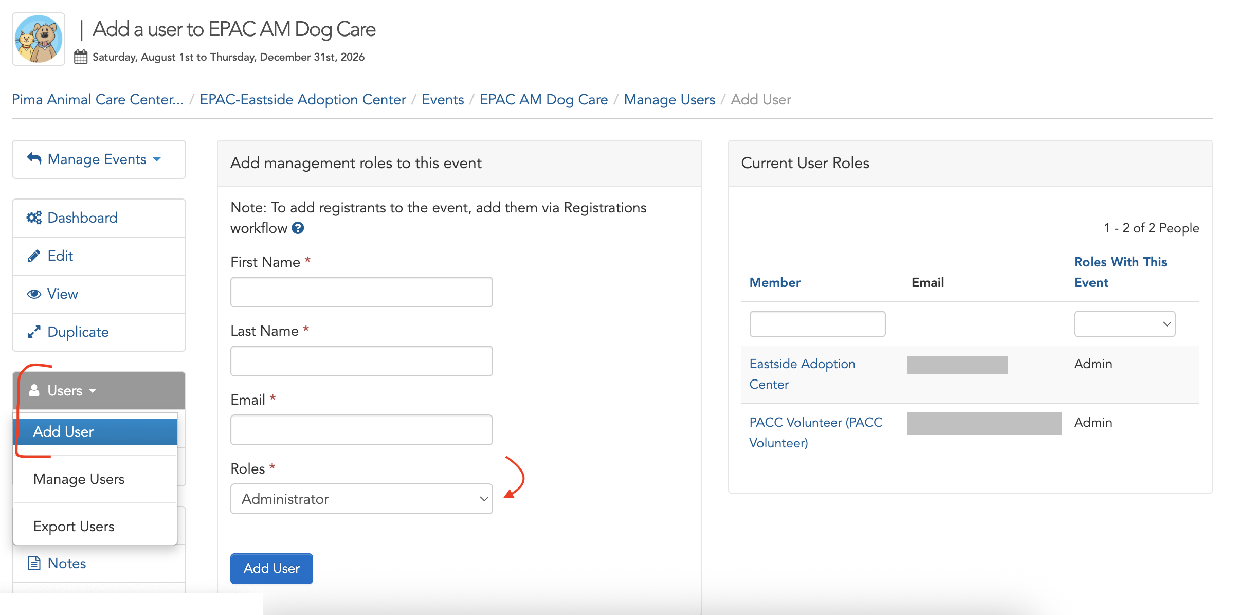 Add User from the Event Dashboard